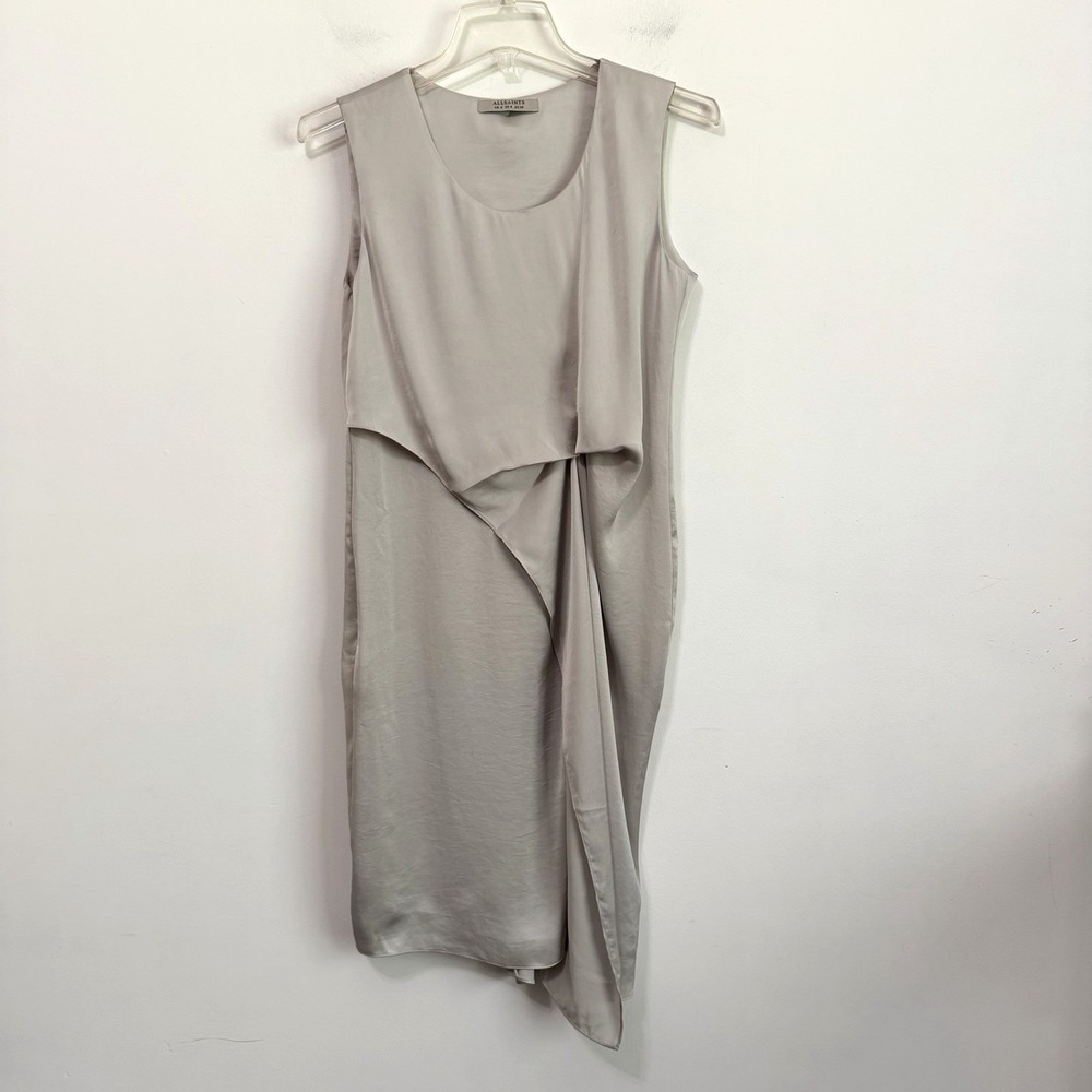ALLSAINTS Dress 4 Ultra Gathered Satin Sleeveless Asymmetrical‎ Storm Grey Party